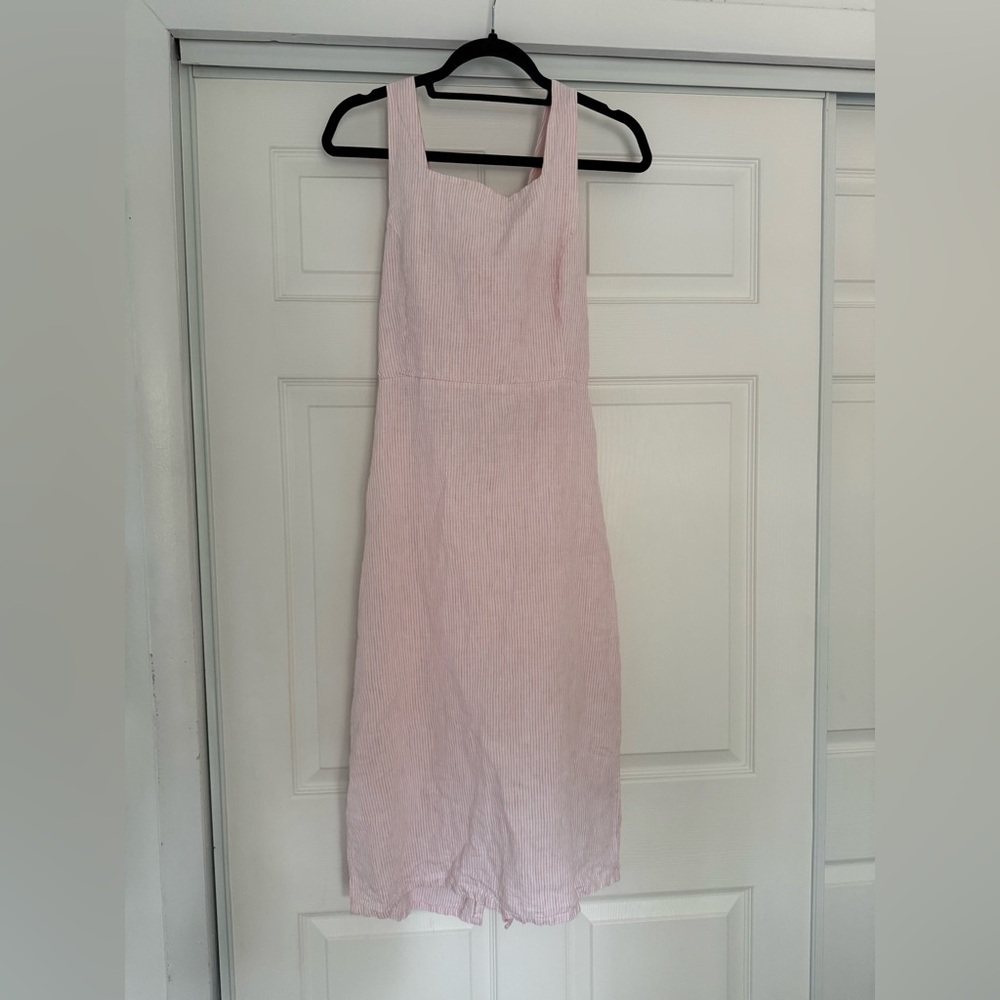 Saks Fifth Avenue 100% Linen Light Pink Striped Midi Dress